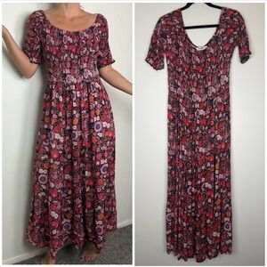 Floral Scoop-Neck Maxi Dress in Red and Pink